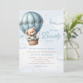 Boho Teddy Bear Boy Blue Bearly Wait Baby Dusche Einladung (Stehend Vorderseite)