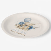 Boho Teddy Bear Boy Blue Bearly Wait Baby Dusche Pappteller (Schrägansicht)