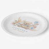 Boho Teddy Bear Boy Blue Bearly Wait Baby Dusche Pappteller (Schrägansicht)