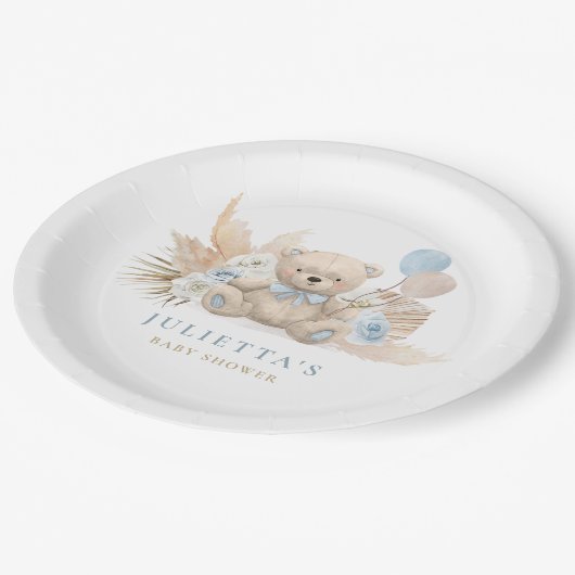 Boho Teddy Bear Boy Blue Bearly Wait Baby Dusche Pappteller (Schrägansicht)