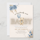 Boho Teddy Bear Boy Blue Bearly Wait Baby Einladung (Vorderseite)