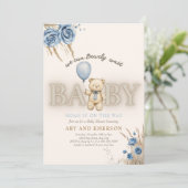 Boho Teddy Bear Boy Blue Bearly Wait Baby Einladung (Stehend Vorderseite)