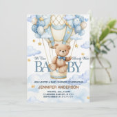 Boho Teddy Bear Boy Blue Bearly Wait Baby Shower Einladung (Stehend Vorderseite)