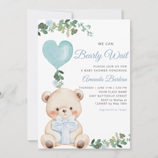 Boho Teddy Bear Boy Blue Bearly Wait Baby Shower  Einladung (Vorderseite)