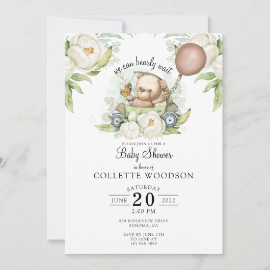 Boho Teddy Bear Brown Sage Green Vorwarte Einladung (Vorderseite)