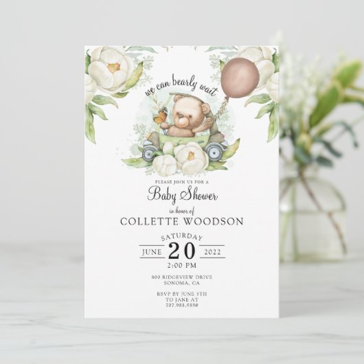 Boho Teddy Bear Brown Sage Green Vorwarte Einladung (Stehend Vorderseite)