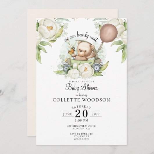 Boho Teddy Bear Brown Sage Green Vorwarte Einladung (Vorne/Hinten)