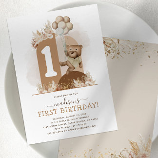 Boho Teddy Bear Einladung zum ersten Geburtstag