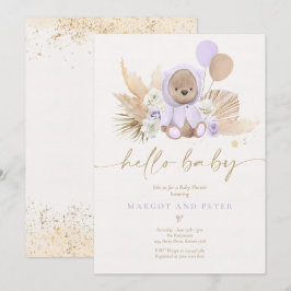 Boho Teddy Bear Girl Lilac Bearly Wait Baby Dusche Einladung