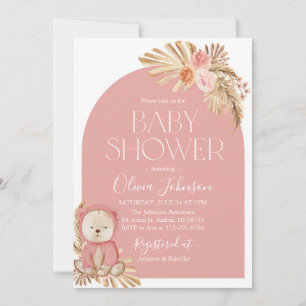Boho Teddy Bear Girl Pink Baby Dusche Einladung
