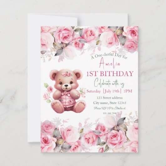 Boho Teddy Bear Girl Pink Bear Floral Birthday Einladung (Vorderseite)