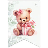 Boho Teddy Bear Girl Pink Bear Floral Birthday Wimpelkette (Erste Fahne)