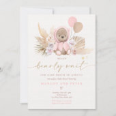 Boho Teddy Bear Girl Pink Bearly Wait Baby Dusche Einladung (Vorderseite)