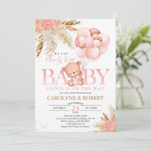 Boho Teddy Bear Girl Pink Bearly Wait Baby Dusche Einladung (Stehend Vorderseite)