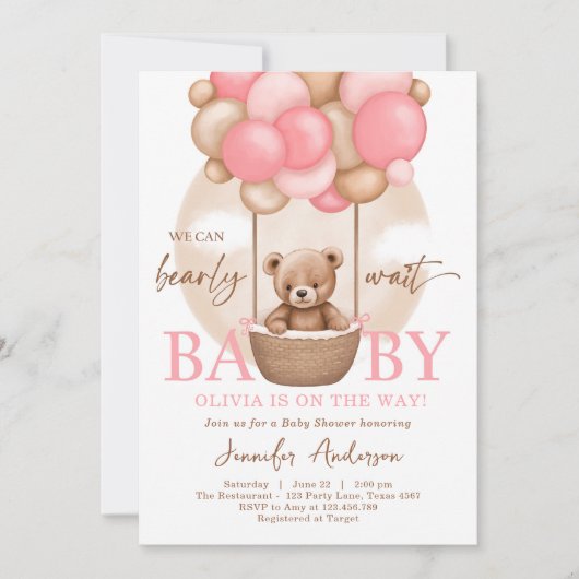 Boho Teddy Bear Girl Pink Bearly Wait Baby Dusche Einladung (Vorderseite)