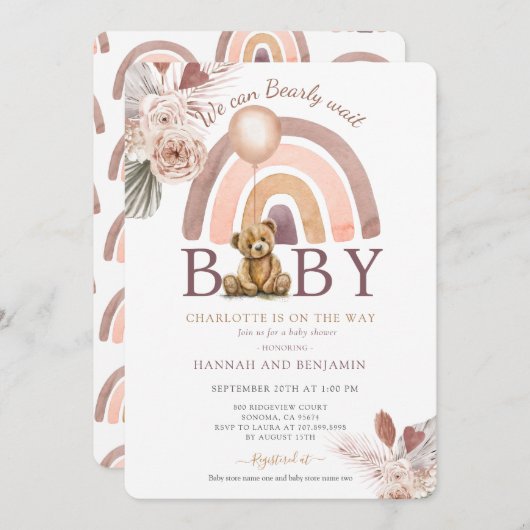 Boho Teddy Bear Girl Pink Bearly Wait Baby Dusche Einladung (Vorne/Hinten)