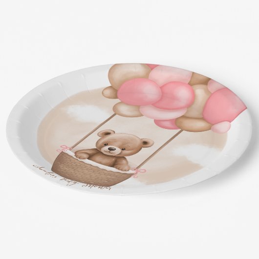 Boho Teddy Bear Girl Pink Bearly Wait Baby Dusche Pappteller (Schrägansicht)