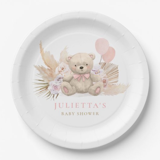 Boho Teddy Bear Girl Pink Bearly Wait Baby Dusche Pappteller (Vorderseite)