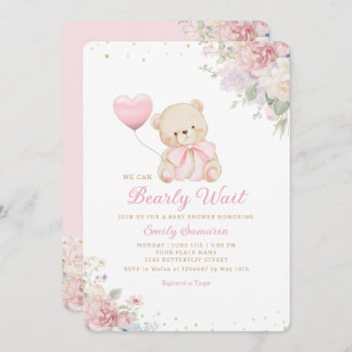 Boho Teddy Bear Girl Pink Bearly Wait Baby Shower Einladung