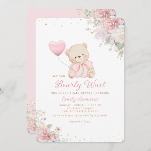 Boho Teddy Bear Girl Pink Bearly Wait Baby Shower Einladung (Vorne/Hinten)