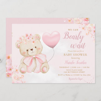 Boho Teddy Bear Girl Pink Bearly Wait Baby Shower Einladung