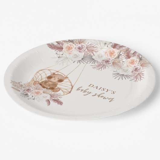 Boho Teddy Bear Pampas Blume Babydusche Pappteller (Schrägansicht)