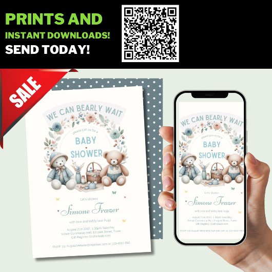 Boho Teddy Bear Picnic Baby Shower Themed Boys Einladung