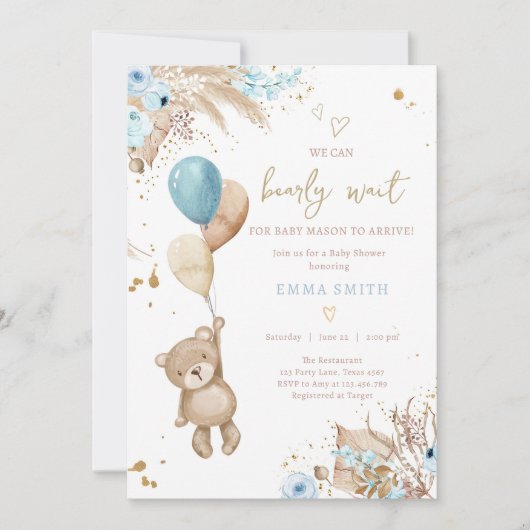 Boho Teddy Bear Picnic Boy Blue Baby Dusche Einladung (Vorderseite)