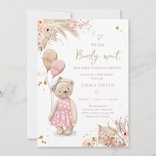 Boho Teddy Bear Picnic Girl Pink Babydusche Einladung (Vorderseite)