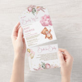 Boho Teddy Bear Pink Balloons Floral Baby Dusche All In One Einladung (Abreißen)
