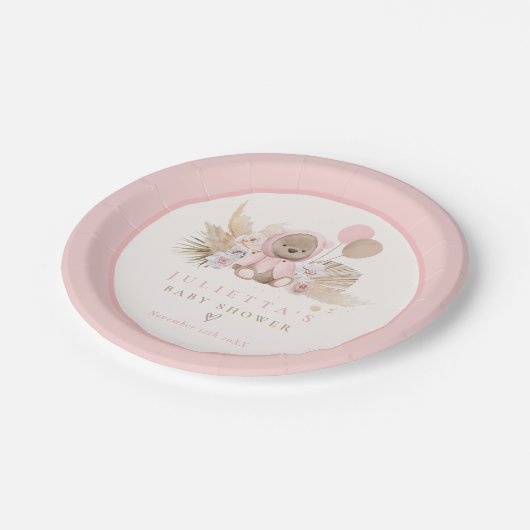 Boho Teddy Bear Pink Bearly Wait Baby Dusche Pappteller (Schrägansicht)