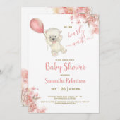 Boho Teddy Bear Pink Floral Balloon Babydusche Einladung (Vorne/Hinten)