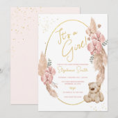 Boho Teddy Bear Pink und Gold Baby Dusche Einladung (Vorne/Hinten)