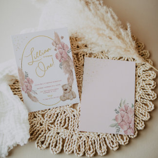 Boho Teddy Bear Pink und Gold zum Geburtstag Einladung