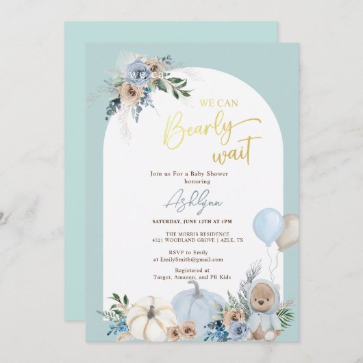 Boho Teddy Bear Pumpkin Boy Bearly Baby Shower Einladung (Vorne/Hinten)