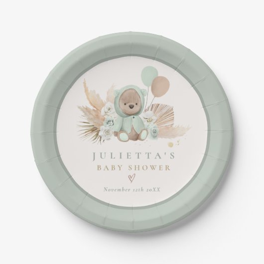 Boho Teddy Bear Sage Green Bearly Wait Baby Dusche Pappteller (Vorderseite)