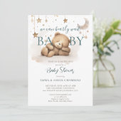 Boho Teddy Bear Stars Moon Babydusche Einladung (Stehend Vorderseite)