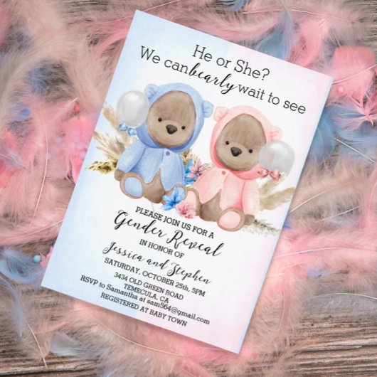 Boho Teddy Bears Pink Blue Gender Reveal Einladung