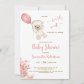 Boho Teddy Polar Bear Pink Balloon Babydusche Einladung (Vorderseite)