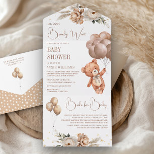 Boho Teddybär braune Ballons florale Babyparty All In One Einladung