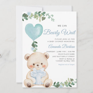 Boho-Teddybär-Junge-Blauer Kaum-Warten-Baby-Party  Einladung