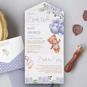 Boho-Teddybär lila Ballons Florale Babyparty All In One Einladung