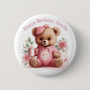 Boho-Teddybär-Mädchen Rosa Bär Blumen Geburtstag  Button