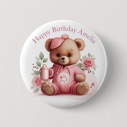 Boho-Teddybär-Mädchen Rosa Bär Blumen Geburtstag Button (Vorderseite)