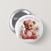 Boho-Teddybär-Mädchen Rosa Bär Blumen Geburtstag Button (Vorne & Hinten)