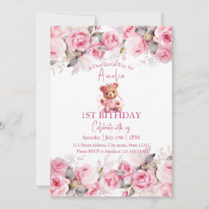 Boho-Teddybär-Mädchen Rosa Bär Blumen Geburtstag Einladung