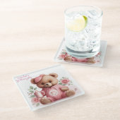 Boho-Teddybär-Mädchen Rosa Bär Blumen Geburtstag  Glasuntersetzer (Schrägansicht)