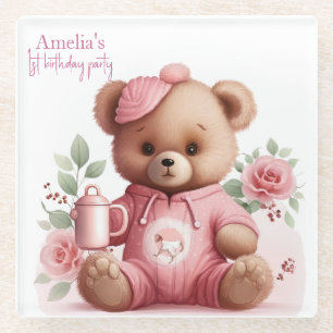 Boho-Teddybär-Mädchen Rosa Bär Blumen Geburtstag  Glasuntersetzer