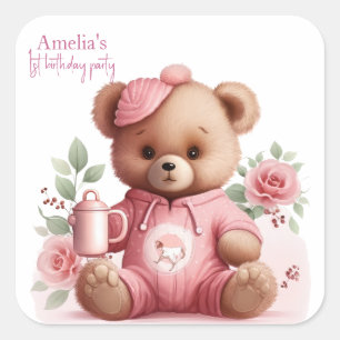 Boho-Teddybär-Mädchen Rosa Bär Blumen Geburtstag Quadratischer Aufkleber