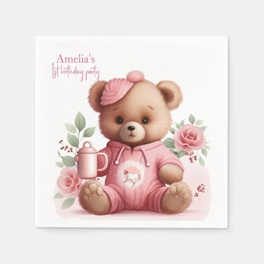 Boho-Teddybär-Mädchen Rosa Bär Blumen Geburtstag Serviette (Vorderseite)